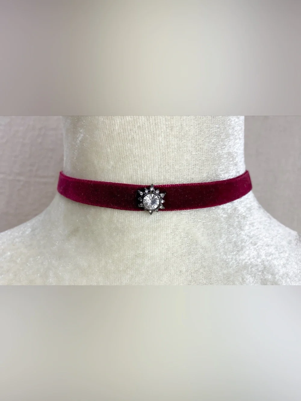 Burgundy Velvet Crystal Accent Choker Necklace